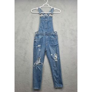 H&M &Denim Overalls Womens 2 Blue Slim Fit Distressed Ripped Medium Wash Jean